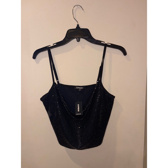 Express Black Sequin Cami Top Sleeveless Party Sparkle Size L New with Tags - Picture 1 of 6